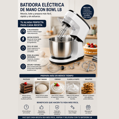 BATIDORA ELÉCTRICA DE MANO CON TAZON DE ACERO INOXIDABLE