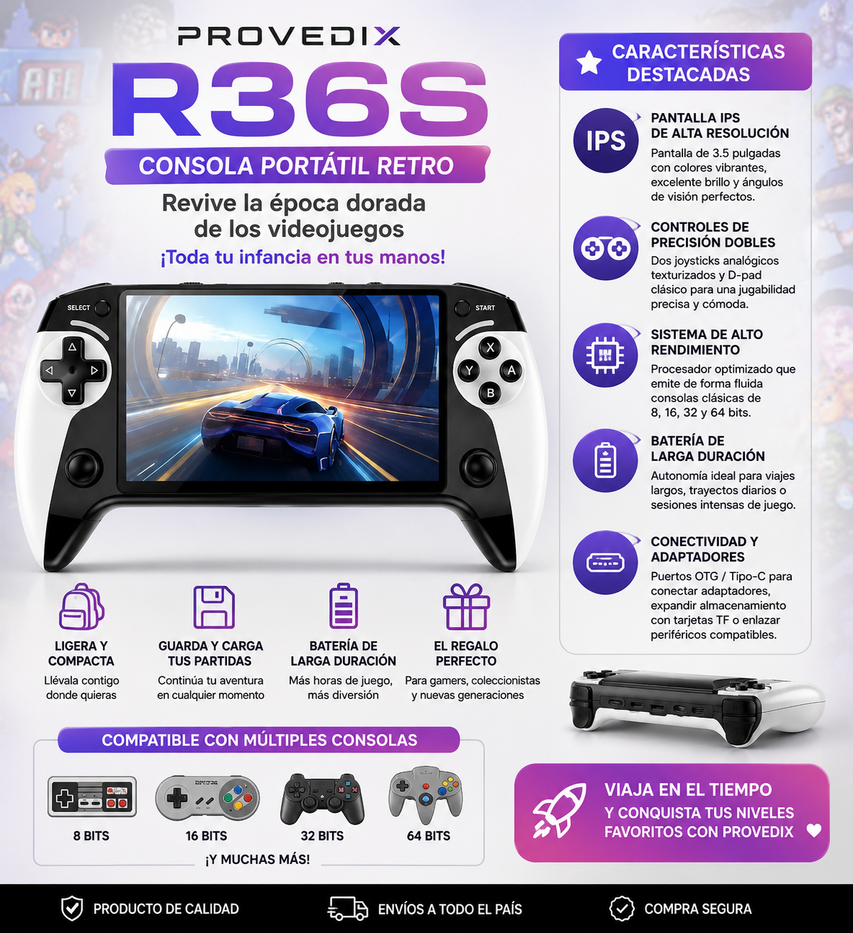 Consola Retro Portátil R36S Con Adaptadores